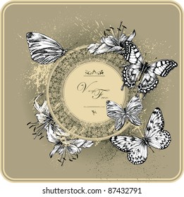Vintage frame and blooming lilies   butterflies  hand drawing 