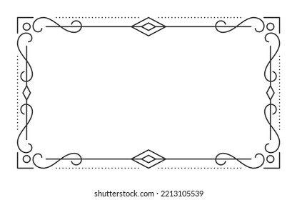 Línea negra del separador de texto del separador de bordes de marcos de vintage. Rectángulo retro de filigre forma de tarjeta de saludo restaurante menú bodas decoración de la portada del libro. Elemento geométrico de patrón enriquecido aislado blanco