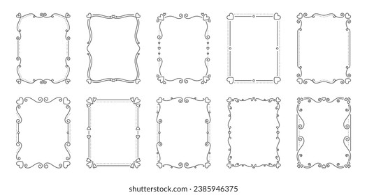 Vintage frame border divider text black line set. Cute heart valentine separator floral filigree rectangle greeting card restaurant menu wedding decor book cover pattern framework template isolated
