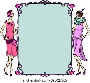 Vintage frame / border with girls dressed in old fashioned art nouveau style. Vector background.
