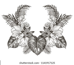 Vintage frame border monogram tropical floral ornament. Engraved retro flower decorative design. Beautiful botanical decorative element for wedding invitation, logo, tattoo. Vector design