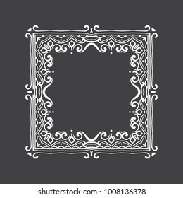 Vintage frame or border on black background. Elegant hand drawn retro style. Design element for wedding invitation or menu, banner, postcard, save the date card. Vector illustration.