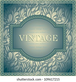 Vintage frame and border on seamless elegant floral wallpaper. Golden-blue design. Can be used as invitation, wedding or business card