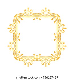 Vintage frame or border on white background. Gold texture hand drawn retro style. Design element for wedding invitation or menu, banner, postcard, save the date card. Vector illustration.