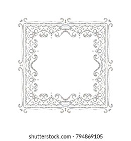 Vintage frame or border on white background. Silver texture hand drawn retro style. Design element for wedding invitation or menu, banner, postcard, save the date card. Vector illustration.