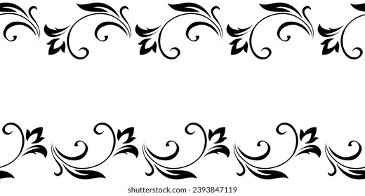 Vintage frame, border of stylized leaves, flowers and curls in black lines on white background. Horizontal top and bottom edging, decoration. Vector backdrop, wallpaper