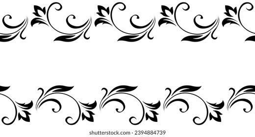 Vintage frame, border of stylized leaves, flowers and curls in black lines on white background. Horizontal top and bottom edging, decoration. Vector backdrop, wallpaper