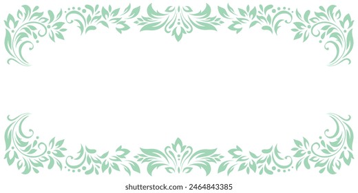 Vintage frame, border of stylized leaves, flowers and curls in light green lines on white background. Horizontal top and bottom edging, decoration. Vector backdrop, wallpaper