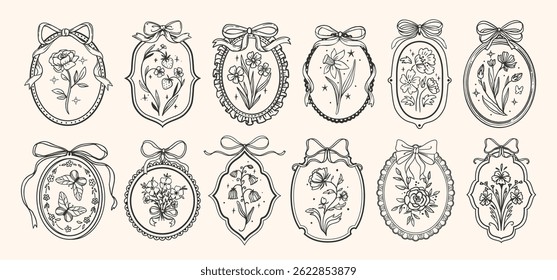 Vintage frame with bow. Coquette border with flower. Hand drawn coquettish ribbon with elegant girly elements. Retro flowers, bows, floral accessory. Vector decor set.