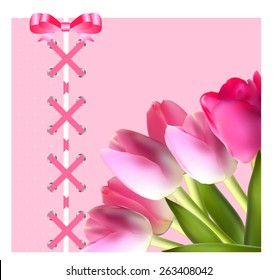 Vintage Frame with Bow, Ribbon and Tulip Folwers  Background. Vector Illustration. EPS10 