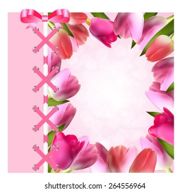 Vintage Frame with Bow, Ribbon and Tulip Folwers  Background. Vector Illustration. EPS10 