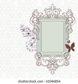 Vintage frame with butterflies background pattern (full grunge butterfly behind frame on left) pattern behind one piece