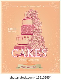 Vintage frame with Cakes. Poster. Vector illustration.