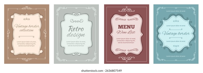 Vintage frame cards. Elegant retro design, invitations templates, restaurant menu cover, ornamental curls, twisted ornate borders, wedding calligraphic graphic, splendid vector isolated set