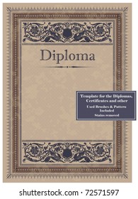 Vintage frame, certificate or diploma template. Used brushes and pattern included.