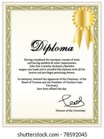 Vintage frame, certificate or diploma template with golden award ribbon. Vector illustration.
