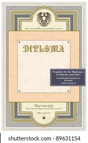 Vintage frame, certificate or diploma template. Used brushes and pattern included.