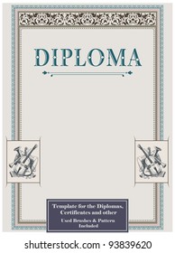 Vintage frame, certificate or diploma template. Used brushes and pattern included.