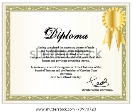 Vintage frame, certificate or diploma template with golden award ribbon. Vector illustration.