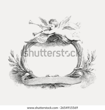 Vintage frame with cherub illustration. Cherub playing trumpet, ornate vintage design. Classic vintage style, perfect for elegant vintage-themed projects. Frame vector with copy space.