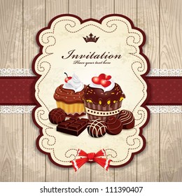 Vintage frame with chocolate, cupcake, heart, cream template