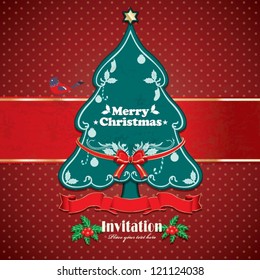 Vintage frame with Christmas background, tree, birds, holly