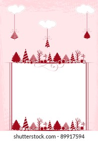Vintage frame with the  Christmas ornaments like  Xmas trees in red color & pink cloudy background for Christmas & other occasions.