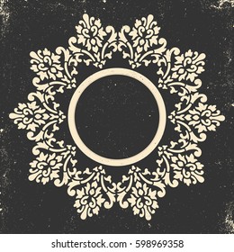 Vintage frame. Circular baroque pattern. Round floral ornament.Greeting card. Wedding invitation. Retro style. Vector logo template, labels and badges