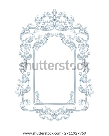 Vintage frame. Classic Baroque frame for wedding invitation decor, greeting card, book cover, and save the date. Whimsical Victorian frame, ornate with linear hand drawn acanthus leaves and florals.