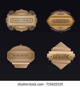 Vintage frame collection in light brown color and vector format. Guaranteed, genuine badges. Retro label with many ornamental lines, shadow and banner for text.