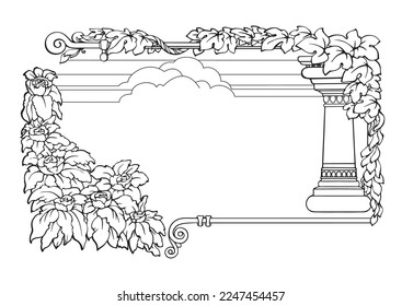 Vintage frame with a column and plants. Border. Vector illustration.