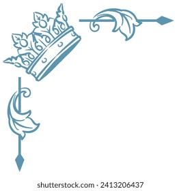 Esquina de marco vintage con corona real. Ilustración vectorial.