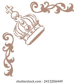 Esquina de marco vintage con corona real. Ilustración vectorial.