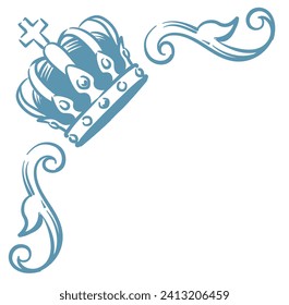 Vintage frame corner with king crown. Vector illustration.