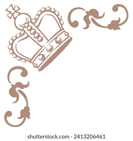 Vintage frame corner with king crown. Vector illustration.