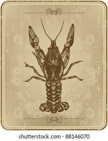 Vintage frame with crayfish, hand drawing