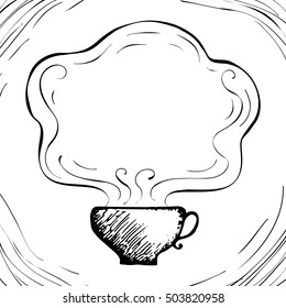 Vintage frame with a cup of coffee, vector hand drawn illustration.