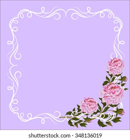 Vintage frame with curl decoration and pink peonies on violet background.