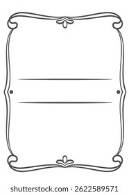 Vintage frame with curved lines, floral accents, and space for text. Monochrome, black doodle border for invitations, certificates, and retro design projects. Vector illustration of vintage frame.