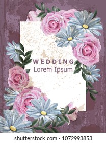 Vintage frame with daisy and rose flowers Vector. Wedding Invitation delicate floral decor. Old Grunge effect. 3d illustrations