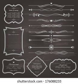 Vintage Frame And Divider Set On Chalkboard Retro Background. Calligraphic Design Elements. 