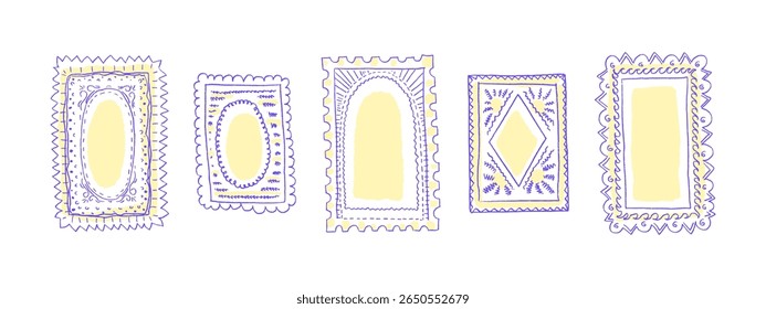 Vintage frame, doodle picture set. Crayon frame. Vector hand draw postcard, retro italian photo in doodle style. Texture border element, elegant collection isolated on white backdrop
