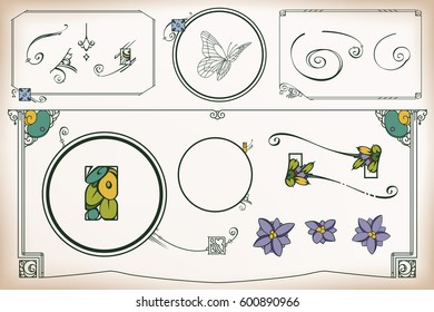 Vintage frame and element flower for labels, banner, sticker and other design. Minimalist ornament. Floral Macro and Micrographic. Plant elegant border.