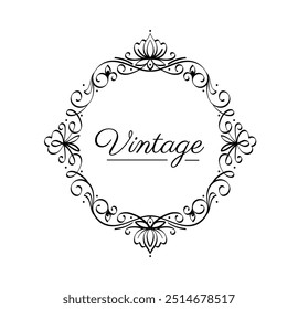 Vintage frame element. Traditional border and pattern. Retro swirl and vignette with text. Round bloom ornament. Typography and calligraphy. Linear vector illustration isolated on white background