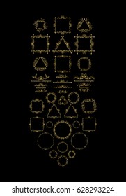 Vintage frame elements, golden on black, vector illustration for decoration and framing, ornate scroll elements in renaissance calligraphic style, romantic and elegant swirls