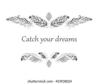Vintage Frame with Feather in Boho Style. American Indian Motifs for T-shirt with motivational Quote and Slogan. Vector Ethnic Decoration.