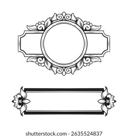 Marco de Antiguas con Elementos florales. Ilustración vectorial en blanco y negro.