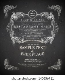 Vintage frame with floral ornament with grunge background for restaurant name design. Chalkboard art. Black illustration variant.