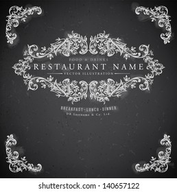 Vintage frame with floral ornament with grunge background for restaurant name design. Chalkboard art. Black illustration variant.