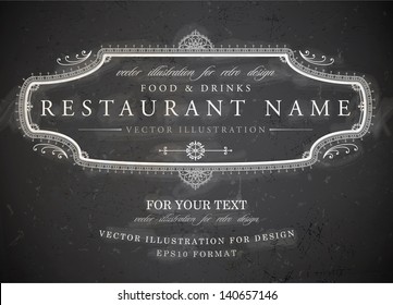 Vintage frame with floral ornament with grunge background for restaurant name design. Chalkboard art. Black illustration variant.